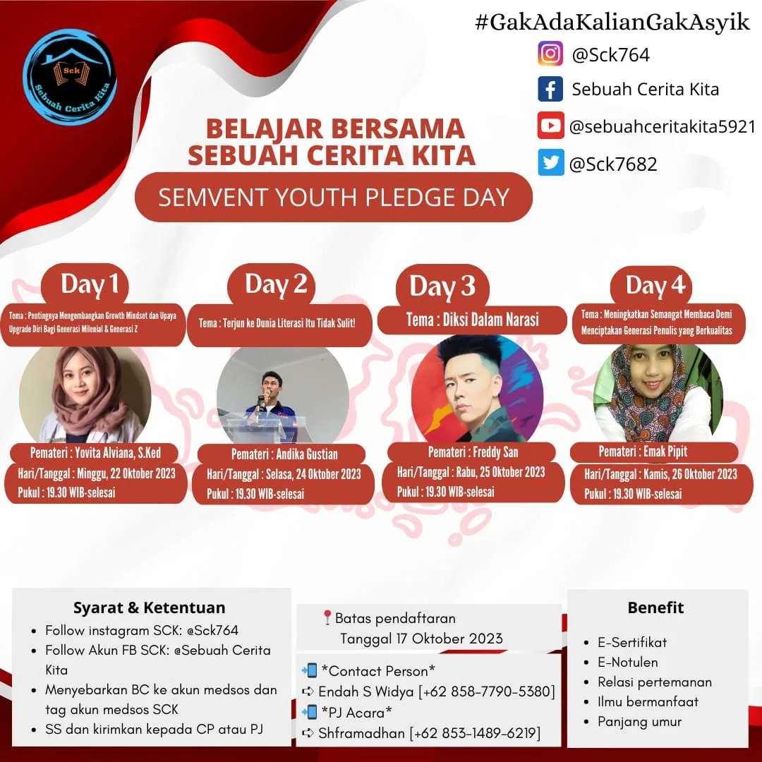 SCK768's tweet photo. Selamat datang untuk semua para tamu undangan.

#SalamLiterasi
#SemventYouthPladgeDayWithSCK
#SebuahCeritaKita
#GakAdaKalianGakAsyik https://t.co/AEgp2R4pPE