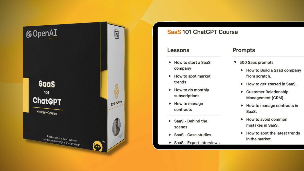 reachvaldo's tweet photo. ChatGPT is heaven for startups.

So I've built an A-Z guide to launch your SaaS.

✓ 33 videos 
✓ 500 prompts.
✓ 3 hrs of material  

Normally $97

But for the next 24 hrs it's FREE!

Like &amp; Reply  "🚀"  to claim this bundle. https://t.co/MkI1mgrki5