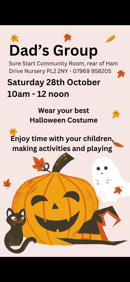 😈 🧟‍♀️🧛🏽‍♀️🧟‍♂️🧙🏿‍♂️🦹🏻🎃

‘Dad’s Group’ at Sure Start Community Room (rear of Ham Nursery) on Saturday 28th Oct 10-12pm. This group is for Dad’s, Grandad’s, Step-Dad’s and male carers to attend with their children.