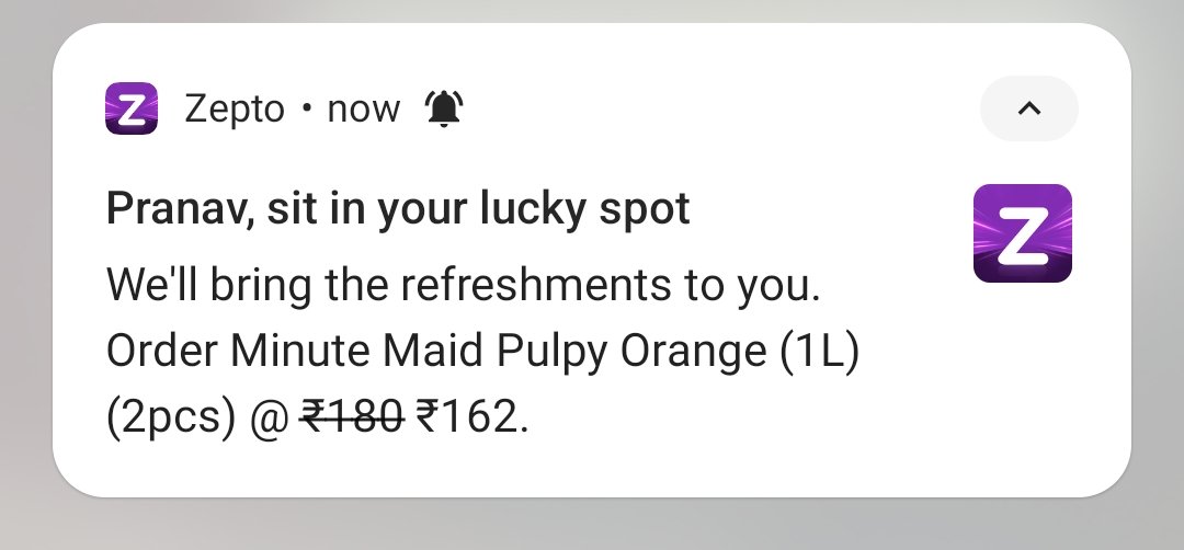 I got a smile on my face seeing this notification because it was about my favorite drink, Pulpy Orange. 

The power of personalisation with a favourite product recommendation.