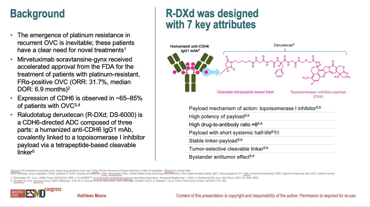 ShannonWestin's tweet photo. 🎯Raludotatug deruxtecan R-DXd (CDH6 #AntibodyDrugCongugate) yields objective response rate of 46% and disease control rate of 98% in platinum resistant #OvarianCancer despite a median prior therapies of 4!! #ESMO2023 #gyncsm https://t.co/uccTkEiXgP