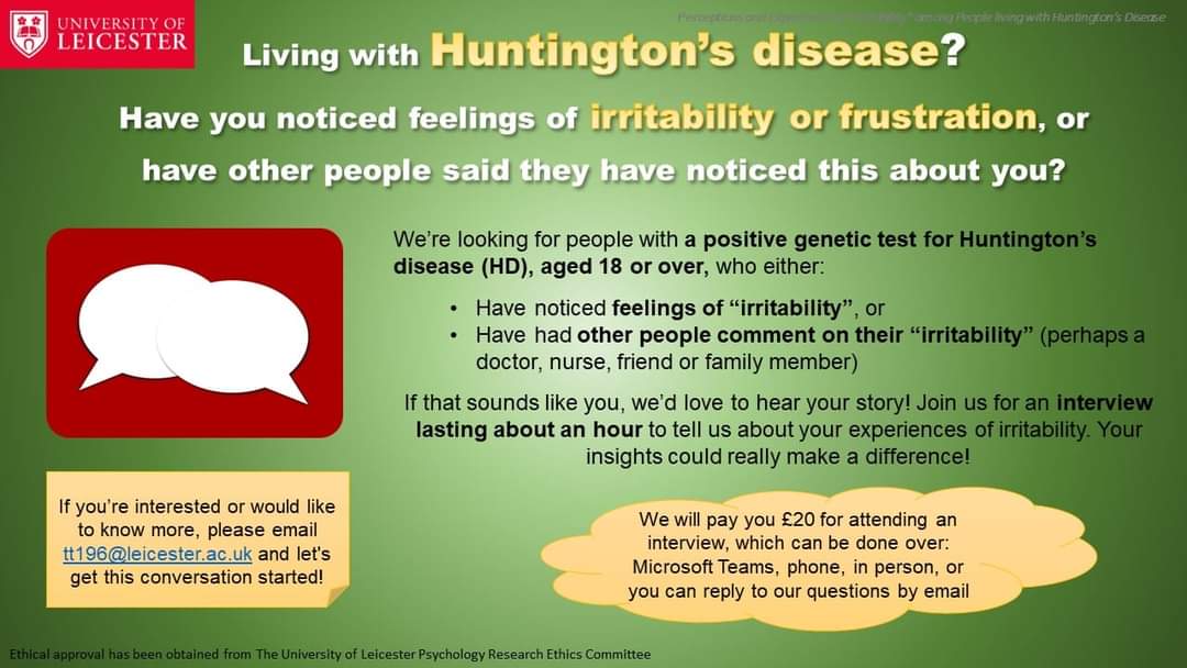 Do you or someone you know have #Huntingtonsdisease? Have they noticed feelings of irritability? We're interviewing ppl with or without symptoms now incl. MS Teams/telephone. Email tt196@leicester.ac.uk for more. Please like &amp; retweet!#HD #HDA #TeamHD <a href="/HDA_tweeting/">Huntington's Disease Association</a> <a href="/StAndrewsCare/">St Andrew's Healthcare</a>