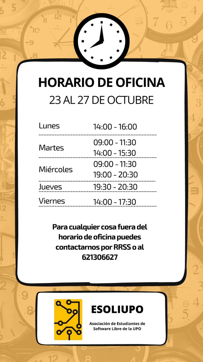 Asociación de Estudiantes de Software Libre UPO (@esoliupo) on Twitter photo ¡Buenos días!
Del 23 al 27 nos podrás encontrar a <a href="/GDSC_UPO/">Google Developer Student Club - UPO</a> y a nosotros en el Local de Asociaciones en el horario que aparece a continuación 🙌 ¡Buenos días!
Del 23 al 27 nos podrás encontrar a <a href="/GDSC_UPO/">Google Developer Student Club - UPO</a> y a nosotros en el Local de Asociaciones en el horario que aparece a continuación 🙌