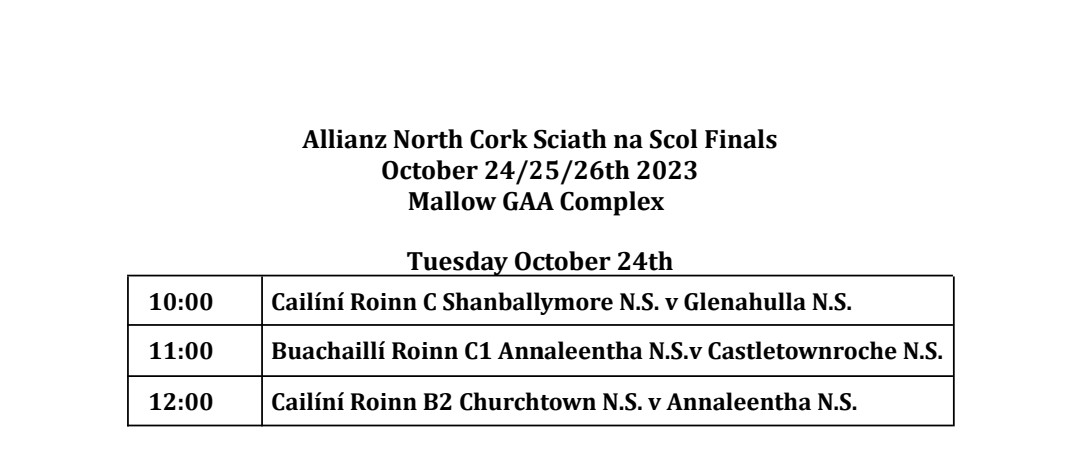 Our first day of @Allianz @sciathnascol Football finals are taking place Tuesday Week in @GaaComplex! Bring on the first of 3 days of young talent from North Cork!