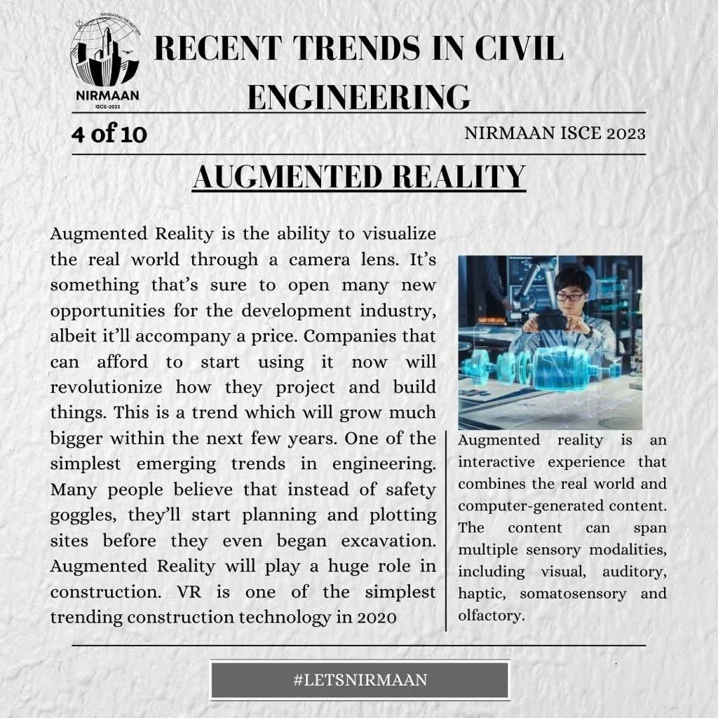 Nirmaanbmsce's tweet photo. Building Tomorrow
Looking at the Top Civil Engineering Trends of 2023! 
Let’s go through the top 10 trends, varying from BIM to Augmented reality. Let's dive into these here!!
#letsnirmaan #dreamnirmaan #civilengineering #bmsce #nirmaanisce23 https://t.co/ocMKqJP70u