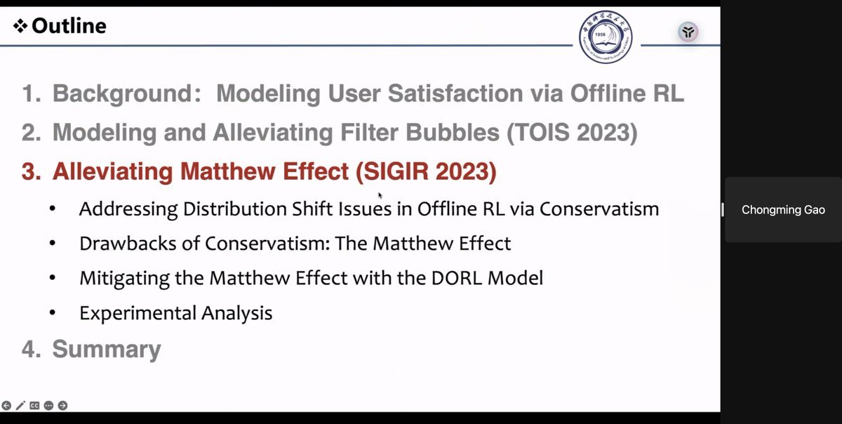 Our second invited speaker Chongming Gao from University of Science and Technology of China is presenting:

Modeling, Evaluation, and Mitigation of Filter Bubbles and Matthew Effects in Offline RL-based Recommender Systems