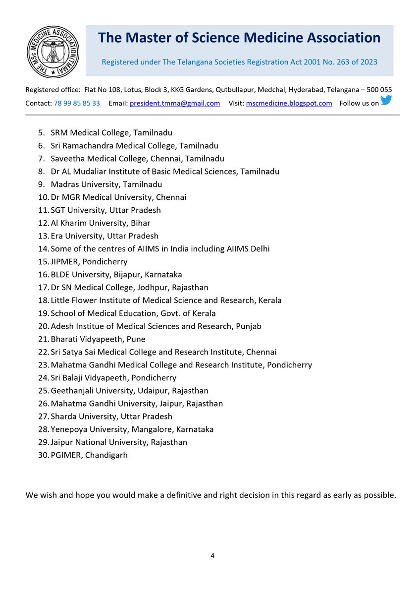 TMMAOfficial's tweet photo. Dear @MoHFW_INDIA @mansukhmandviya @DrBharatippawar @PMOIndia @NITIAayog @ugc_india We request for your kind consideration and action in directing the concerned authorities @NMC_IND @aiims_newdelhi @MAHE_Manipal @OfficialJipmer @SRMC_official @SRIHER_Official @YenUniT @bldedu @KMC_Mangalore @SIMATS_Univ @smc_simats to stop conducting the https://t.co/QsinhHFHus. Medical Postgraduate courses and save the careers and lives of 100s of youth of the Nation in the future.