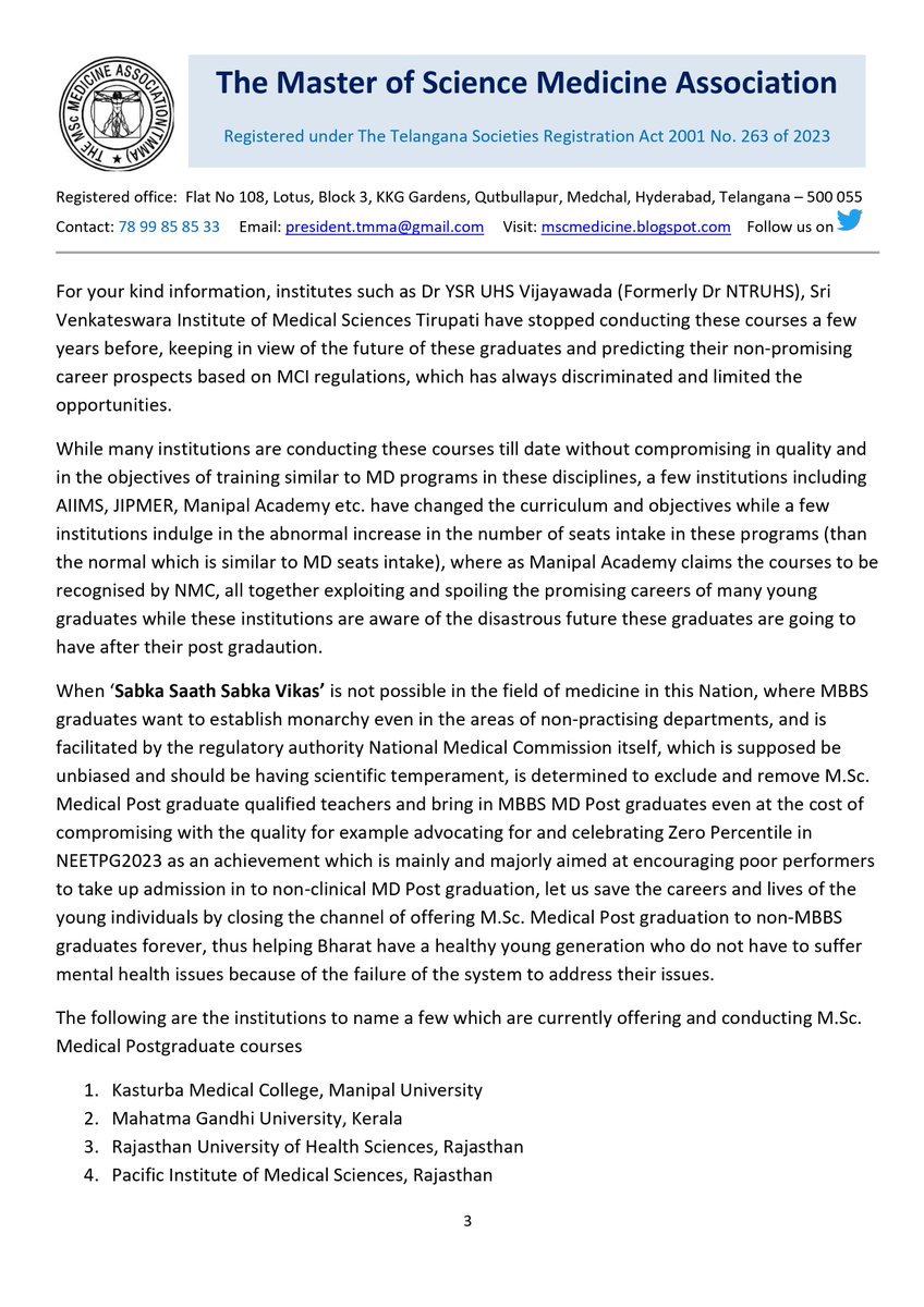 TMMAOfficial's tweet photo. Dear @MoHFW_INDIA @mansukhmandviya @DrBharatippawar @PMOIndia @NITIAayog @ugc_india We request for your kind consideration and action in directing the concerned authorities @NMC_IND @aiims_newdelhi @MAHE_Manipal @OfficialJipmer @SRMC_official @SRIHER_Official @YenUniT @bldedu @KMC_Mangalore @SIMATS_Univ @smc_simats to stop conducting the https://t.co/QsinhHFHus. Medical Postgraduate courses and save the careers and lives of 100s of youth of the Nation in the future.