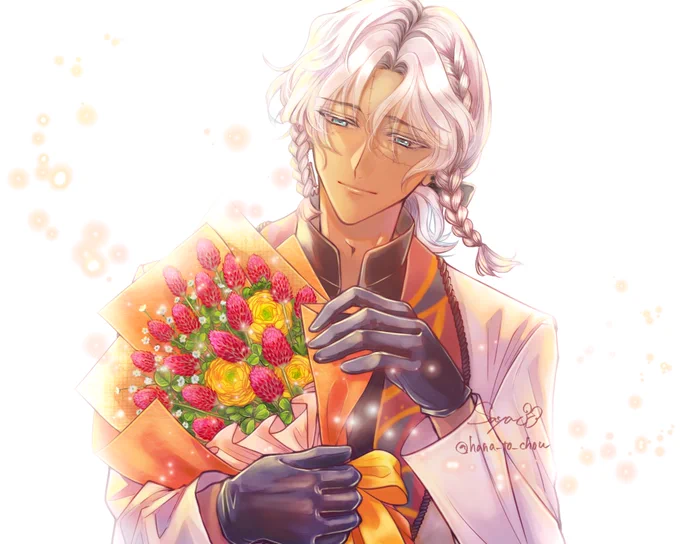 #あなたから執事へ花束を のわちゃんの素敵な企画に参加させていただきました 私が花束を贈るのは先生です メインとなるお花は、ストロベリーキャンドルを選びました。花言葉は、【胸に火を灯す、きらめく愛】です。 愛を沢山込めて咲かせました 花束のお花を選んだ理由はリプツリーに。