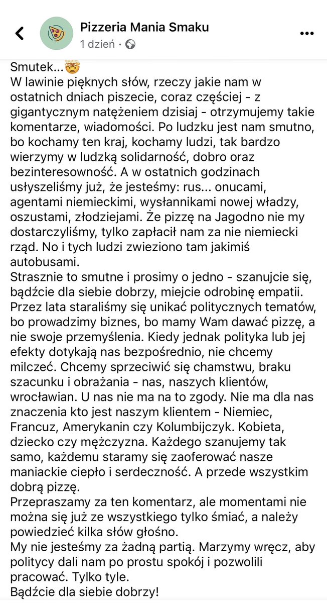 Korea_na_jezyku's tweet photo. Pamiętacie Pizzerię „Manię Smaku”, która nakarmiła głodnych i zmarzniętych ludzi, stojących w kolejce na Jagodnie do późnej nocy, żeby zagłosować?

Dziś ta Pizzeria zmaga się ze zmasowanym hejtem, jakim „zafundowali”  im wyborcy PISu🤬

Pracownicy i właściciele pizzerii są wyzywani od ruskich onuc, że oszustami i złodziejami na usługach niemieckiego rządu, że to wcale nie oni zrobili tę pizzę, tylko Niemiec za to zapłacił i że są wysłannikami nowej władzy🤯

Co ci ludzie wypisujący takie komentarze mają w głowach, to przerażenie ogarnia. 
Jaką sieczkę z mózgu zrobiła im TVP z PiSowcami na czele😡