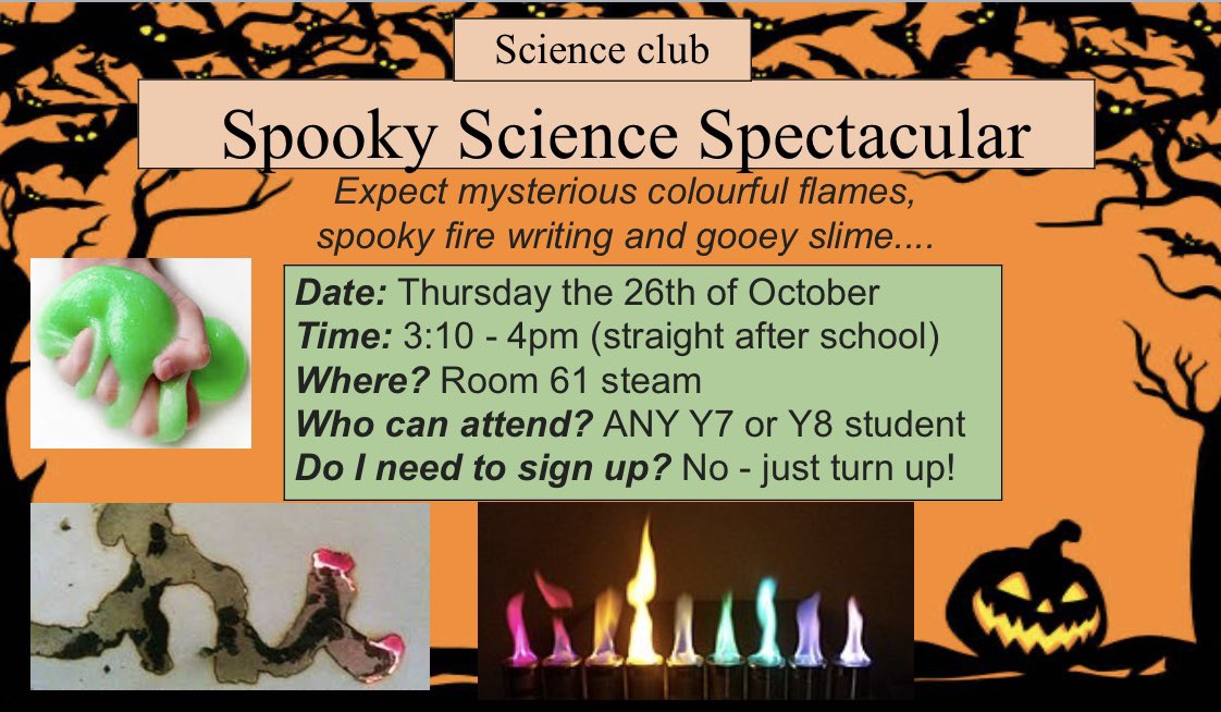 tsc_science's tweet image. Calling all science ghosts and ghouls…Science club this week has a ‘Spooky Science Spectacular’ theme

Thurs 26th Oct - 3.10-4pm Room 61 

Any Year 7 or 8 student is welcome

Scare you there….👻🎃👻🎃👻