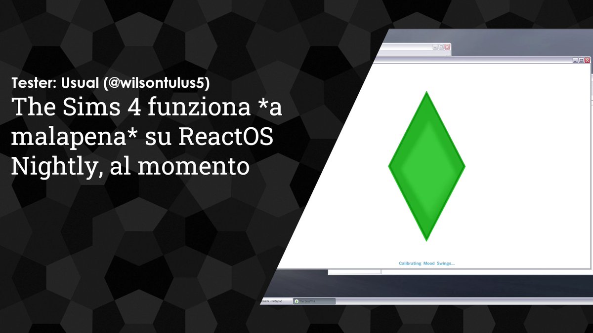 reactositalia's tweet photo. In un raro test, il tester Usual (@wilsontulus5) ha condiviso che The Sims 4 funziona a malapena su #ReactOS Nightly al momento. https://t.co/a9UKrASOJJ