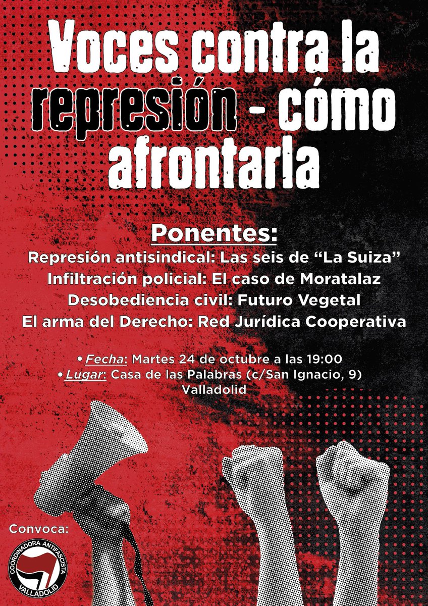 CNTValladolid's tweet photo. 👉➡️📲 🗣️ NOVEDAD | Una persona de *Futuro Vegetal* , colectivo de desobediencia civil contra la indiferencia hacia la crisis ecológica, se incorpora a la Mesa Redonda *_Voces contra la represión_*  de este martes 24 de octubre a las 19:00. https://t.co/R9mv1WG9me