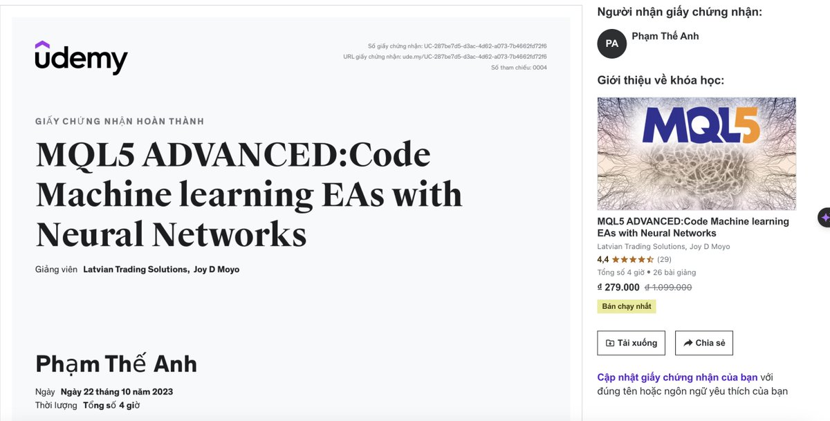 AnhPhamFinance's tweet image. I&apos;m thrilled to announce that I&apos;ve just completed the MQL5 ADVANCED: Code Machine Learning EAs with Neural Networks course! 🥳🎉

#learnalloveragain #advancedtrading #artificialintelligence #quantitativefinance #automatedtrading #deeplearning #datascience #marketdata #algorithmic