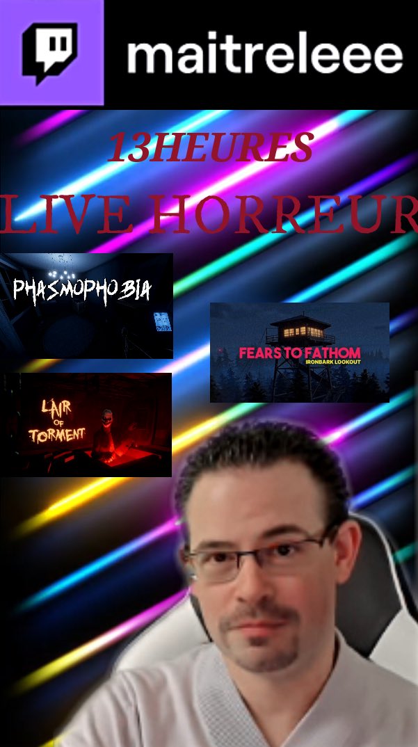 Hey, rendez vous à 13 h ce dimanche pour un live horreur incroyable !! 
On vous attends sur Twitch !!
<a href="/RT4French/">FrenchRT</a> <a href="/RT_StreamQc/">RT_StreamQc</a> <a href="/RTwitchFR/">RT Stream - Stream Fanily's #TwitchStreamers</a> @RTStreamee <a href="/RTtwitchFR/">RT Twitch FR</a> <a href="/KineticGame/">(inactive) Phasmophobia</a>