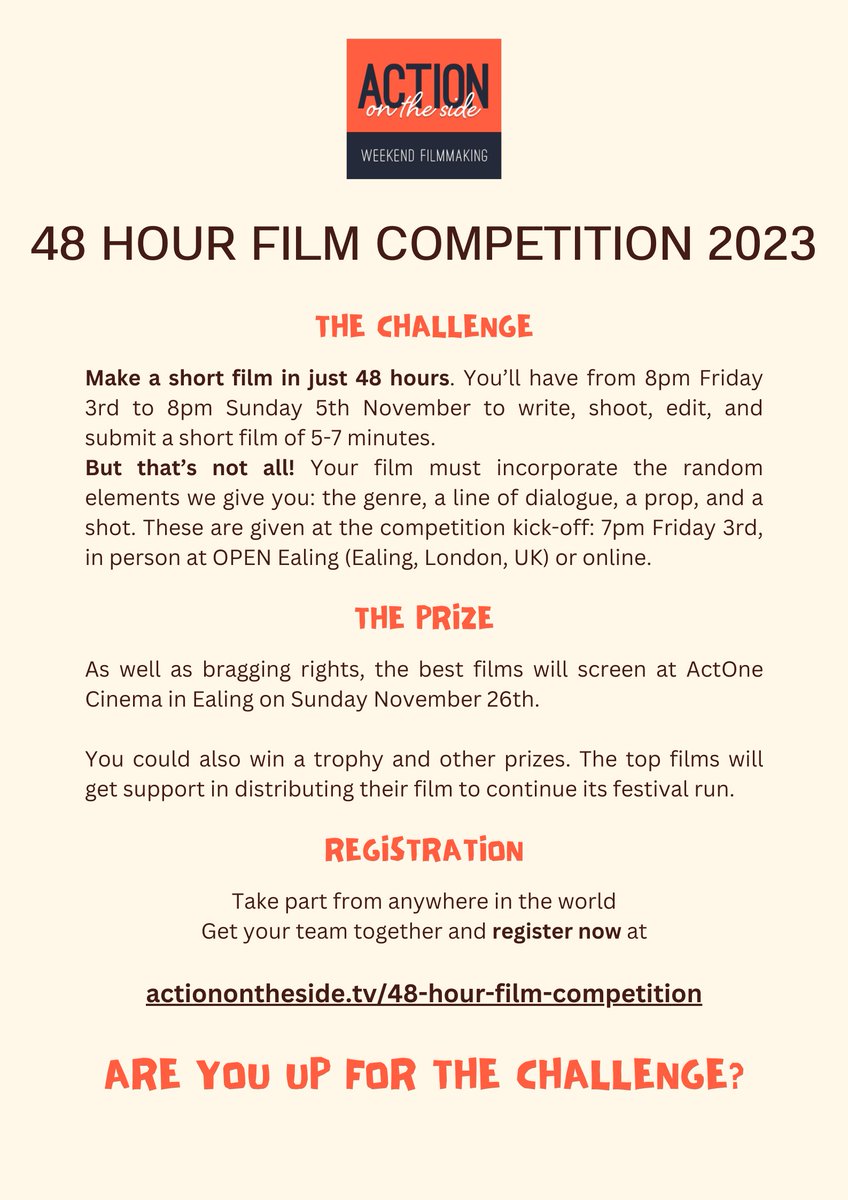 Are you ready for the #ealing48 48-hour film competition? Register your team now. You can take part from anywhere in the world!
actionontheside.tv/48-hour-film-c…

Kick off at <a href="/Openealing/">OPEN Ealing</a> and virtual; submission w <a href="/FilmFreeway/">FilmFreeway</a>;  Screening <a href="/ActOne_Cinema/">ActOne Cinema & Café</a> ; by <a href="/phetheringtonnz/">Patricia Hetherington</a>