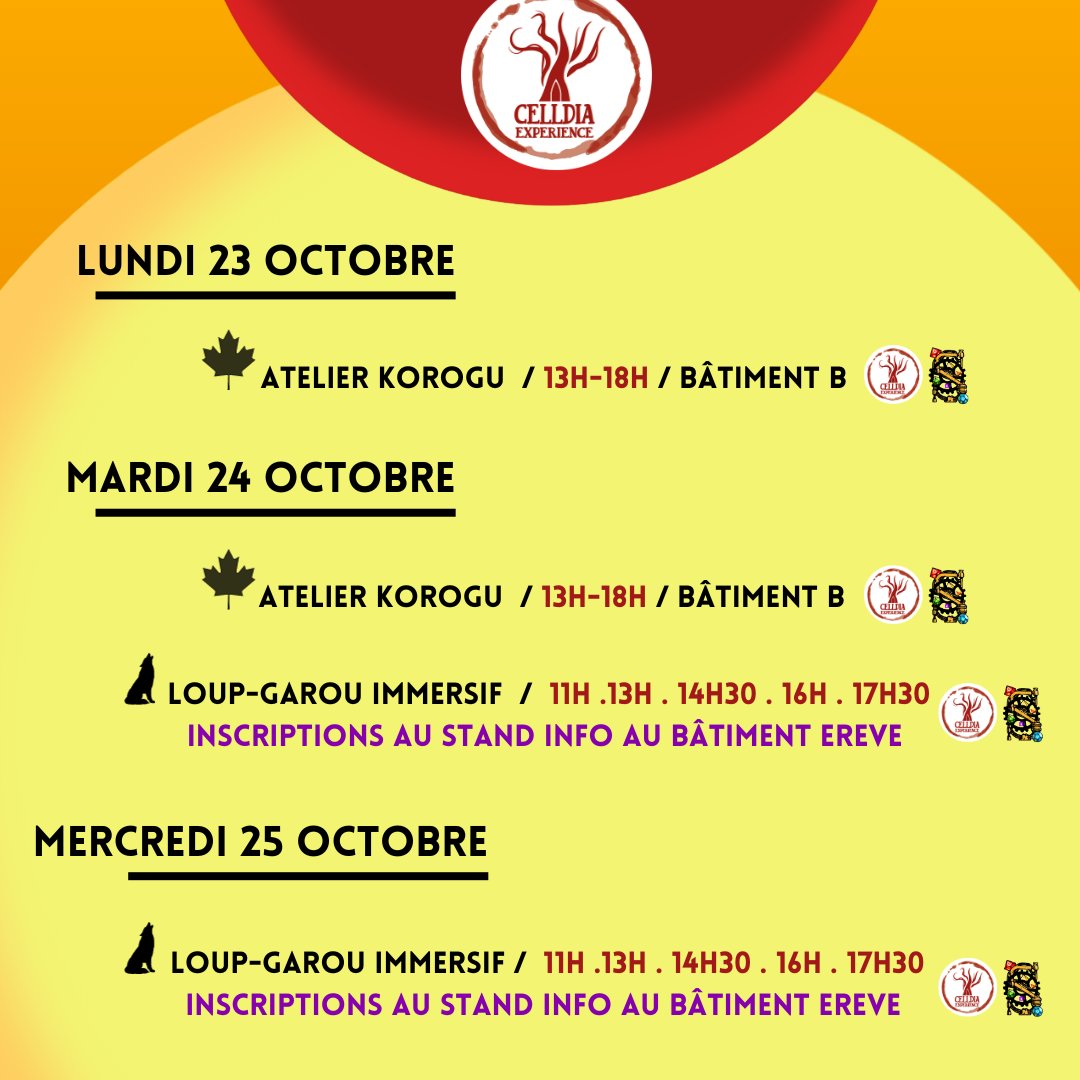 CelldiaExp's tweet photo. 🎃 HALLOWEEK 2023 🎃

Voici le programme récapitulatif de toutes nos activités lors de la Halloweek 2023 !

Pour plus d’informations sur les activités, on vous invite à checker les publications antérieures ! 

Au plaisir de vous voir ! 🤗 https://t.co/XaG9xf43cy