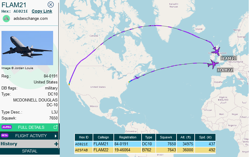 SirListenalot's tweet photo. 0845z #KC10 #AE021E as #FLAM21 out of Travis and #KC46 #AE5FAB as #FLAM22 out of McGuire inbound Mildenhall for an upcoming Barksdale #B52 support mission https://t.co/w7bRqKrHdO