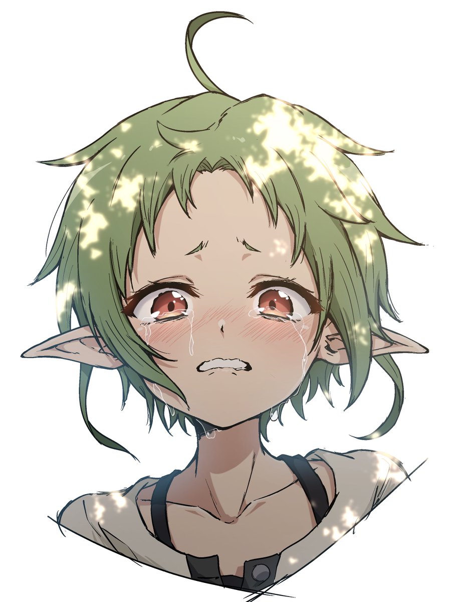 pointy ears green hair 1girl solo ahoge crying tears  illustration images