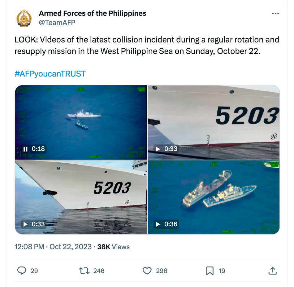 idsicenter's tweet image. Is Washington setting a collision with China using Manila as sword in West Philippine Sea? Philippines media reporting on a 3,000-tons Chinese coast guard ship "COLLIDING" with a PHL Armed Forces "contracted indigenous boat" on Sunday, then MSM media will headline on Monday?