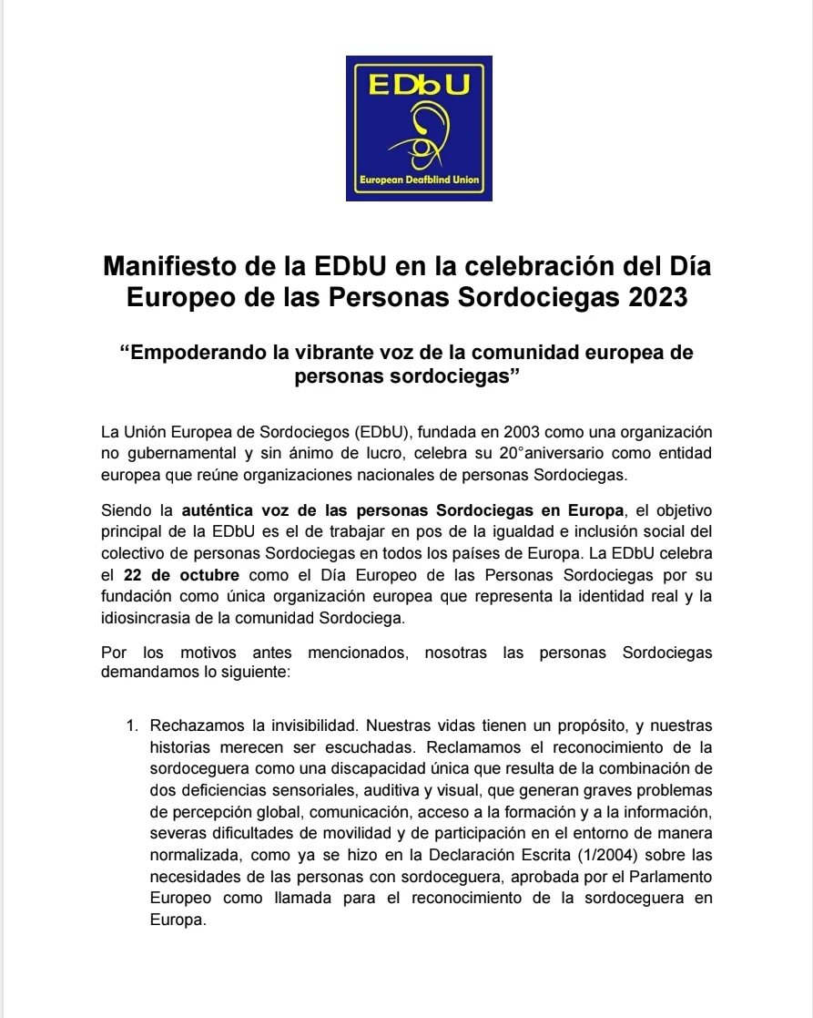ASOCIDECyL's tweet photo. Os dejamos el manifiesto elaborado x la @EDbU_org con motivo del Día Europeo de las Personas Sordociegas
Animaos a leerlo para que seáis conscientes de las necesidades y reivindicaciones de nuestro colectivo
¡Feliz Día Europeo de las Personas Sordociegas!
#EDbD2023
#DEPSc
#EDbU https://t.co/1oWy3EIduY