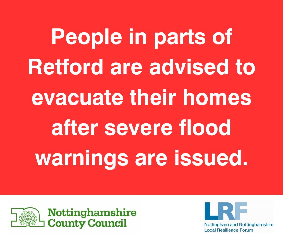 People in parts of #Retford are advised to evacuate their homes after severe flood warnings are issued as a result of Storm BABET. The warnings apply to communities along the River Idle at West Retford, #Ordsall, #Thrumpton, #Eaton and #Gamston. More 👇bassetlaw.gov.uk/media-centre/n…