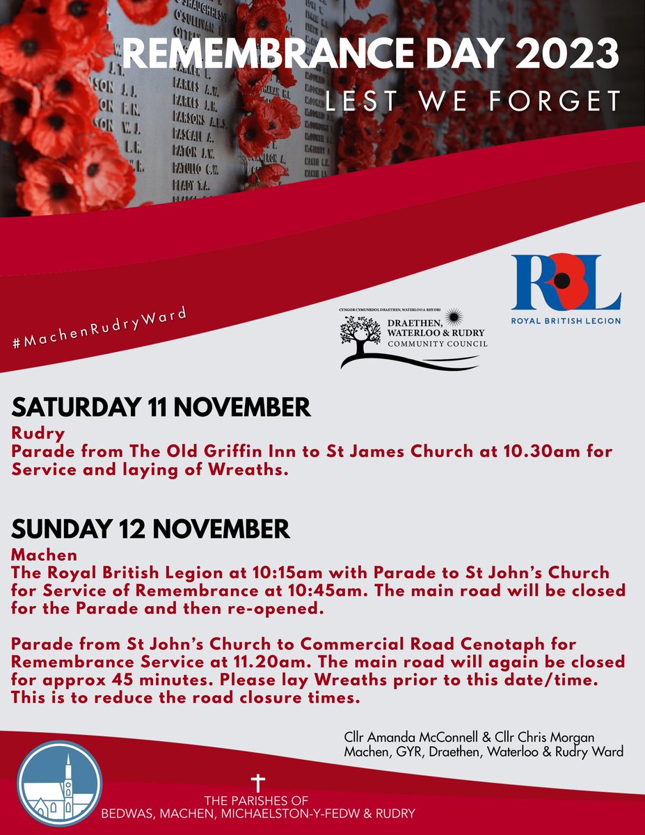 McConAmanda's tweet photo. 🌹Remembrance Day 2023: Machen &amp; Rudry🌹
• St John’s Church &amp; Cenotaph, Machen
• St James Church, Rudry  

#BTMCC #DWRCC #RoyalBritishLegion #Rudry #Machen #RemembranceDay #LestWeForget #BTMarea #MachenRudryWard https://t.co/XPADkgI5oO