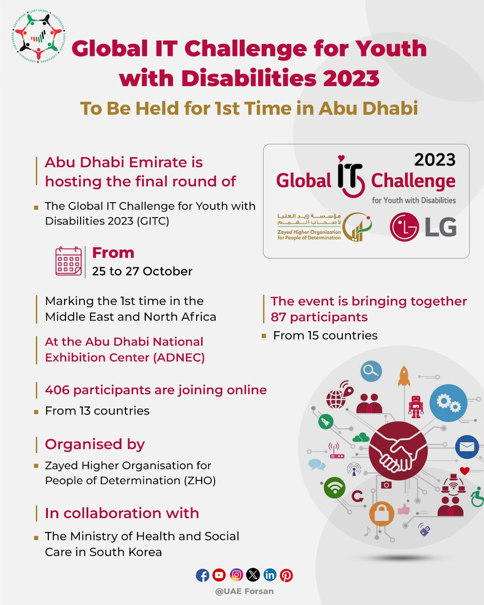 UAE_Forsan's tweet photo. Global IT Challenge for Youth with Disabilities 2023
To Be Held for 1st Time in Abu Dhabi
#UAE #GlobalITChallenge #AbuDhabi #GITC2023 #ADNEC #PeopleOfDetermination 
@ADNECGroup 
@zhoCare https://t.co/k9eRfPMu4C