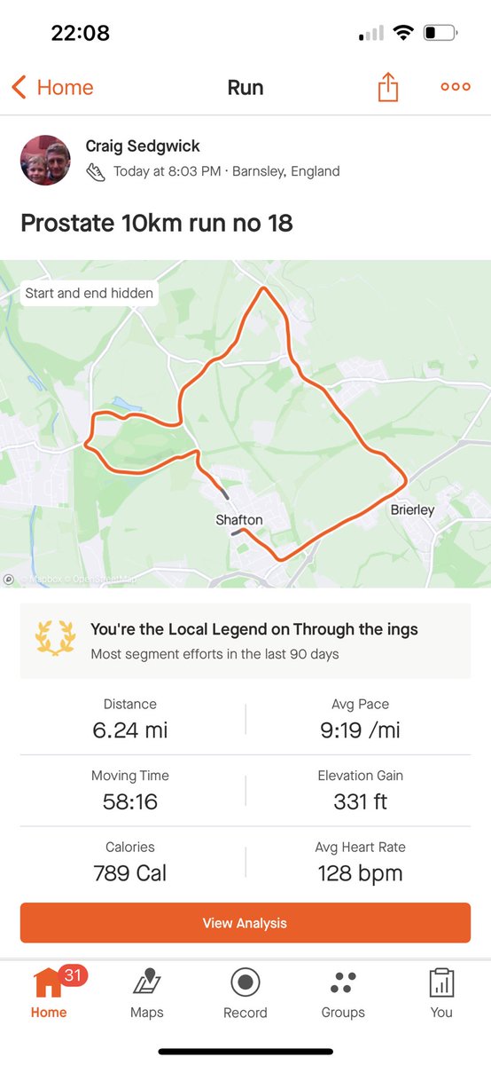 CSedgwick1982's tweet photo. Latest batch no 1 of 10km runs for @ProstateUK @prostateunited. Representing @htafc I’ve been running 10km everyday in October. I’d be very grateful if anyone would like to sponsor me. Link for just giving below. Thank you 😊 https://t.co/K26tHkmw31