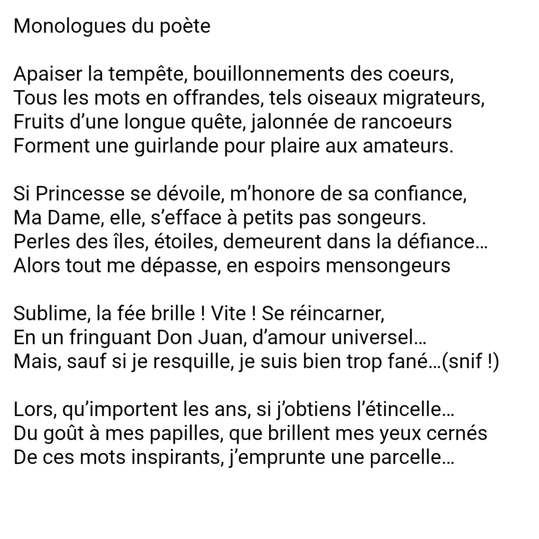 jerome_reissac's tweet photo. Monologues du poète
Apaiser la tempête, bouillonnements des coeurs,
Tous les mots en offrandes, tels oiseaux migrateurs,
Fruits d’une longue quête,
#Muses #inspiration #amours #polyamours #JérômeReissac #humour #sonnet #seconddegré #ombres #poésie https://t.co/1YYbDxervV