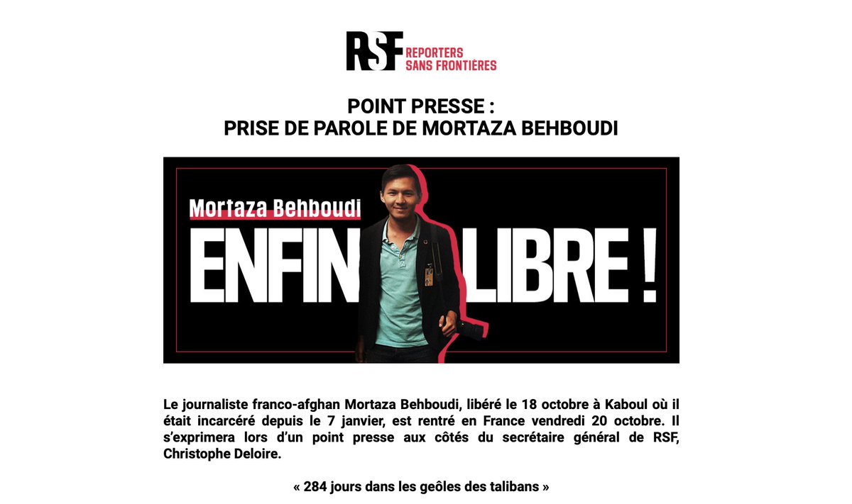 Trois jours après son retour discret en France, Mortaza Behboudi prendra la parole demain lors d'un point presse au siège de @RSF_inter à Paris : '284 jours'. Nous invitons naturellement tous les journalistes qui l'ont soutenu à partager ce moment avec nous. #PressFreedom