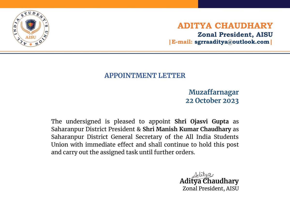 Shri Ojasvi Gupta appointed as Saharanpur District President &amp; Shri Manish Kumar Chaudhary appointed as Saharanpur General Secretary of AISU. Best wishes from <a href="/Official_AISU/">All India Student's Union ( AISU )</a>! We have full confidence in your ability to amplify issues and make a meaningful impact. #JoinAISU