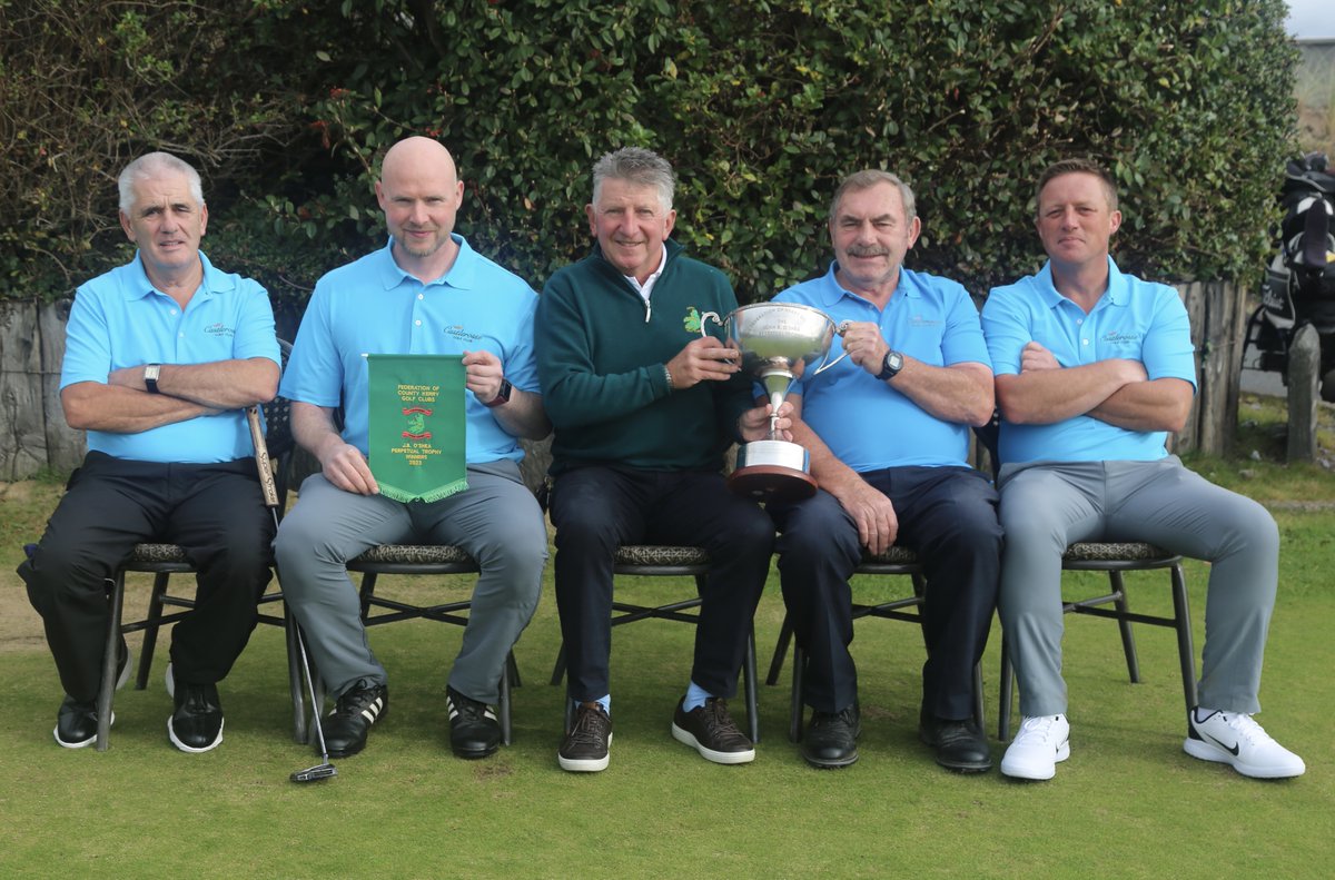 FederationKerry's tweet photo. Congratulations Castlerosse Golf Club on winning the J.B. O'Shea Trophy played in majestic Dooks with a marvellous score of 95 pts. Photo L to R Michael Leahy, Daniel Shine, Donal Brosnan (Fed Captain), Steve Shine, Roger O'Sullivan. https://t.co/W06pRPNk1Q