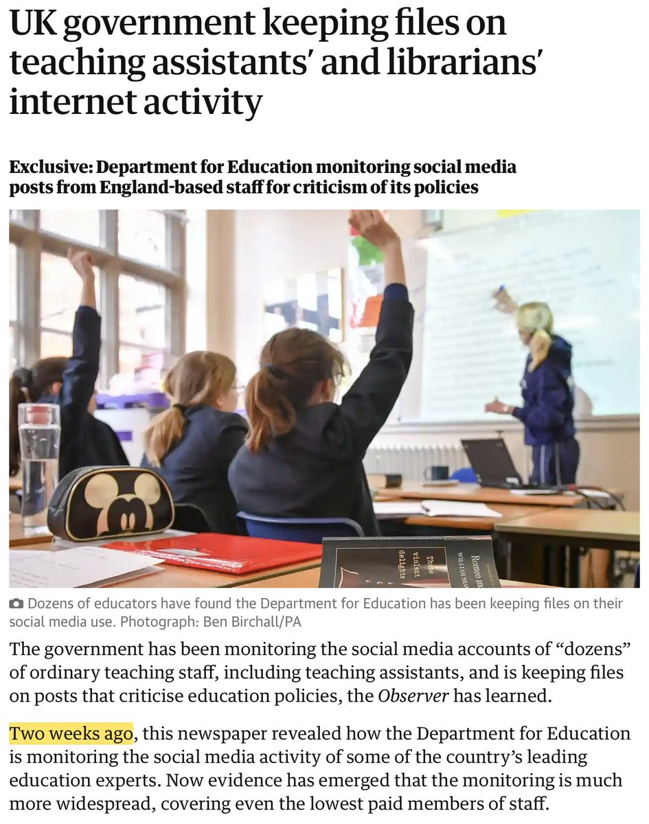 #TorySpies #ToriesSpyingOnTeachers

1984: Dystopia #ToryFascism (& don't forget the next tweet either!)

UK government keeping files on teaching assistants’ and librarians’ internet activity 

theguardian.com/politics/2023/…