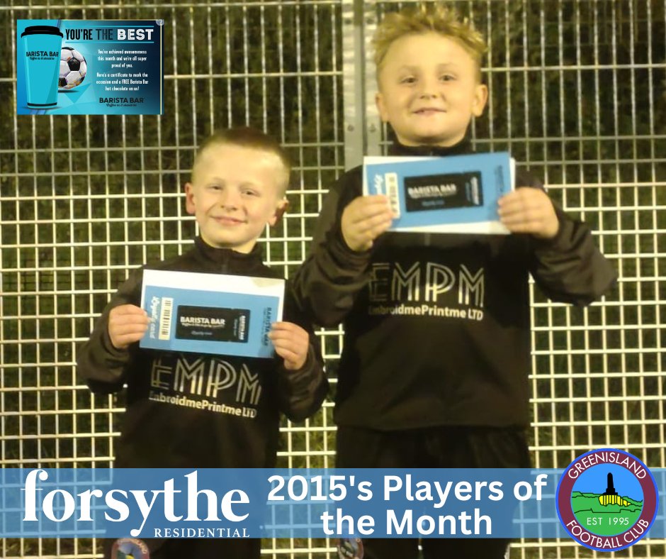 GreenislandFC's tweet photo. 𝟮𝟬𝟭𝟱'𝘀 𝗣𝗹𝗮𝘆𝗲𝗿𝘀 𝗼𝗳 𝘁𝗵𝗲 𝗠𝗼𝗻𝘁𝗵

Congratulations to Alexander and Calvin on being awarded September's Players of the Month for our 2015's, kindly sponsored by Forsythe Residential and Barista Bar @ Spar

#TheJourneyContinues https://t.co/TAljXPDG8S