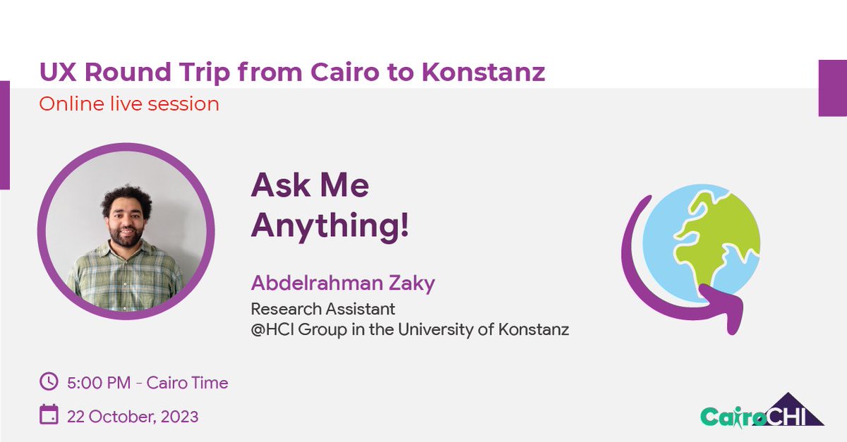 cairo_chi's tweet photo. Today at 5PM Cairo Time.

Ask Abdelrahman about, mixed-reality, mixed-reality interfaces, studing HCI in Germany, teaching, and more
#cairochi #ux_round_trip https://t.co/QlulyREiu0