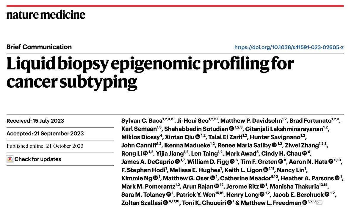 Excited to share our latest work: “liquid biopsy epigenomic profiling for cancer subtyping”, JUST IN @NatureMedicine nature.com/articles/s4159…