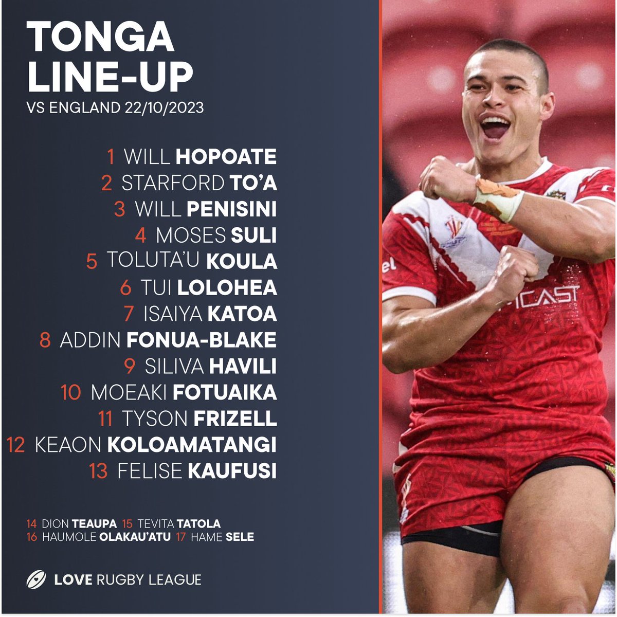 loverugbyleague's tweet photo. 🏴🆚🇹🇴 How England and Tonga line up in today's test series opener in St Helens...
#RugbyLeague | #EnglandRL | #TongaRL https://t.co/0XrzFGjqW0