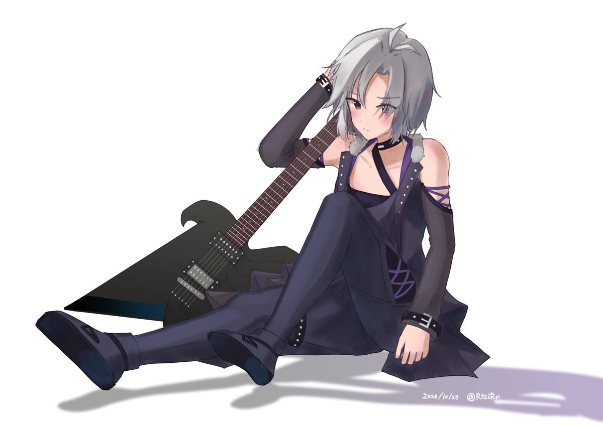 1girl solo instrument short hair sitting white background grey hair  illustration images