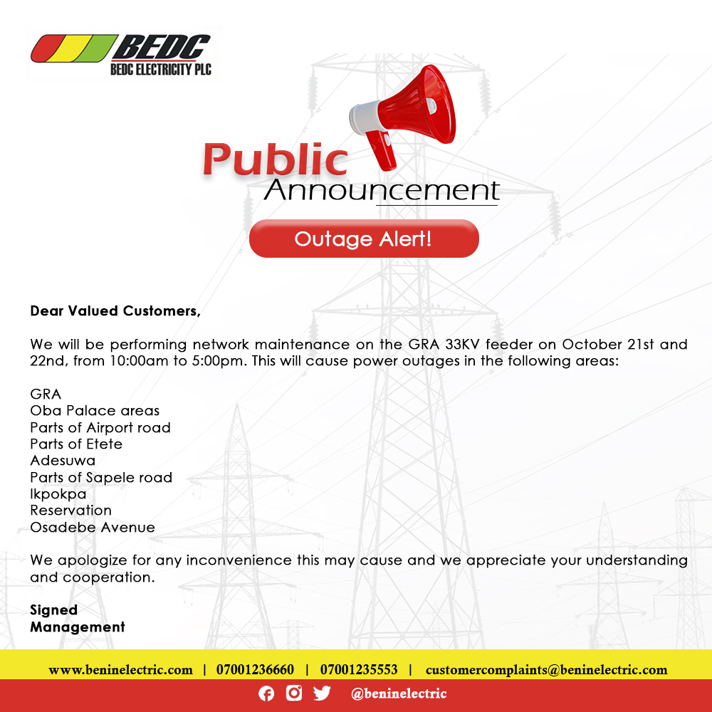beninelectric's tweet photo. Outage Alert! https://t.co/boDldGMkN9