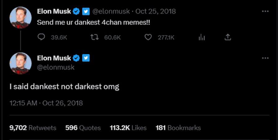 <a href="/elonmusk/">Elon Musk</a> Give memes-loving people freedom!
#4chan is the birthplace of #memes, #4chantoken is a symbol of a sovereign individual, holding $4chan means you support globalist, and preaching 4chan is to make more people become the new world citizens on #Web3 #crypto #4chanArmy 
#memecoin