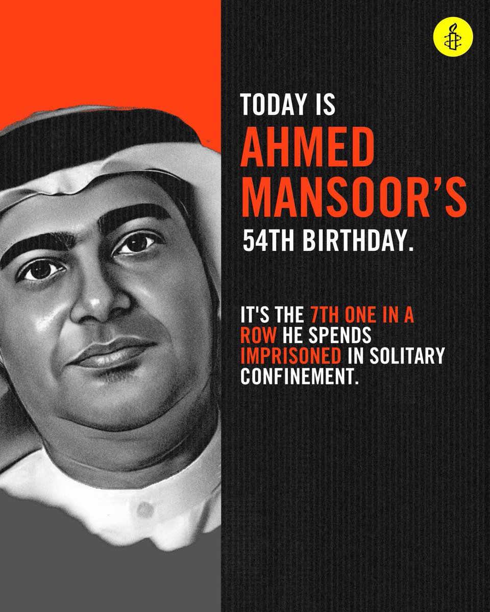 We wish @Ahmed_Mansoor for his birthday good health, access to books, a proper bed, the company of his family and friends and - more than anything - freedom. What are your wishes for him? #BirthdayWishes4Ahmed #FreeAhmed @MohamedBinZayed @HHShkMohd @UAEEmbassyUK