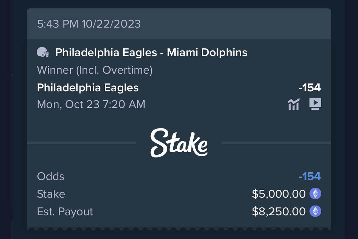 gainzy222's tweet photo. Bet 5000$ on the eagles to beat the dolphins 

Thesis: the dolphins are total frauds and always choke against good teams

This time they prob won’t:
https://t.co/Xt5Wx6UtlH https://t.co/78S95EplMY