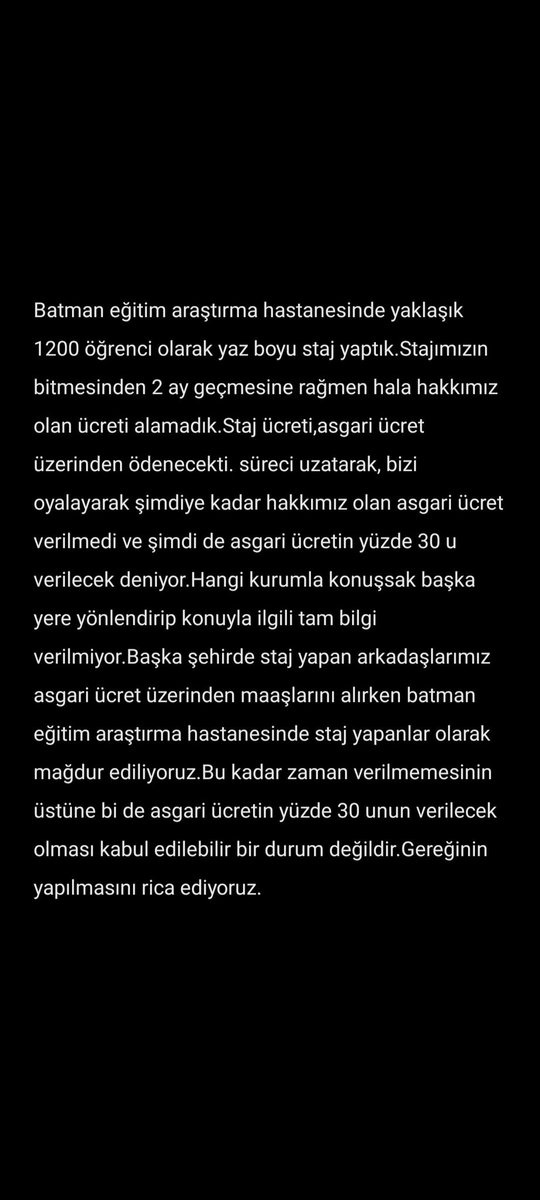 Firfir1111's tweet photo. #stajerucretleritamyatirilsin

Cumhurbaşkanı @RTErdogan in dediği gibi stajerlere asgari ücret tutarından ücret yatirilmasini istiyoruz batman eğitim araştırma hastanesinin biz öğrencilere haksızlık yapmasını kabul etmiyoruz
@batmanilsaglik @HMBakanligi @saglikbakanligi https://t.co/ZVy0v7vUJ1