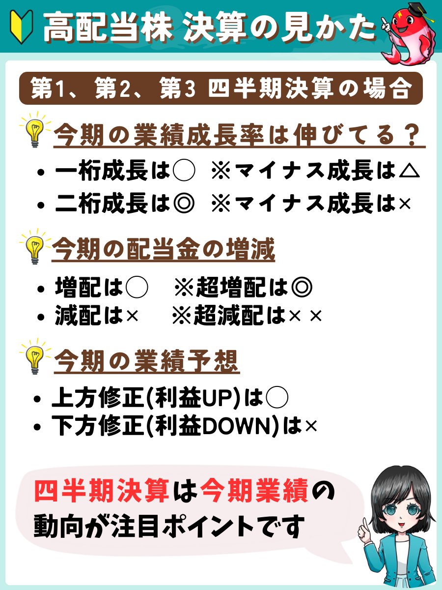 purazumakoi's tweet photo. 🎏 高配当株「決算の見かた」 🎏
初心者が「決算短信」で見るべきポイント🔰

フォロワーさま3万人記念として「決算チェック方法」を紹介します🔍📰

💡決算資料をみる目的は主に以下です💡
・四半期決算：今期の業績・配当動向を見る
・本決算：来期の業績・配当動向を見る

決算資料は「決算短信」や「決算説明資料」など色々な資料があります🎏
初心者さんは何から見たら良いか….と困ってしまうと思います😣🔰

そのため「まずはここから」ということで、
時短でみる「決算短信」チェック方法をご紹介します 🎏💁

━━━━━━━━━━━━━━━━━━━
過去の記念投稿 一覧
━━━━━━━━━━━━━━━━━━━
2万人記念：高配当株投資家が読むべき本
https://t.co/wy6fmX9fB6

15000人記念：50万円から始める高配当株投資
https://t.co/W98Ee3btK5

10000人記念：この企業、増配できる？減配しそう？
https://t.co/aAPBwGNgza

9000人記念：高配当株の売り時はいつ？
https://t.co/JxxpuHQWnt

8000人記念：高配当株の買い時はいつ？
https://t.co/AOLnkdROyj

7000人記念：配当利回りと危険度の目安チェック
https://t.co/sm6KG7h7Ph

6000人記念：コイが日本の高配当を主力にする理由
https://t.co/35UenJ7E3c

5000人記念：高配当株投資の５箇条
https://t.co/TusTvIbAal