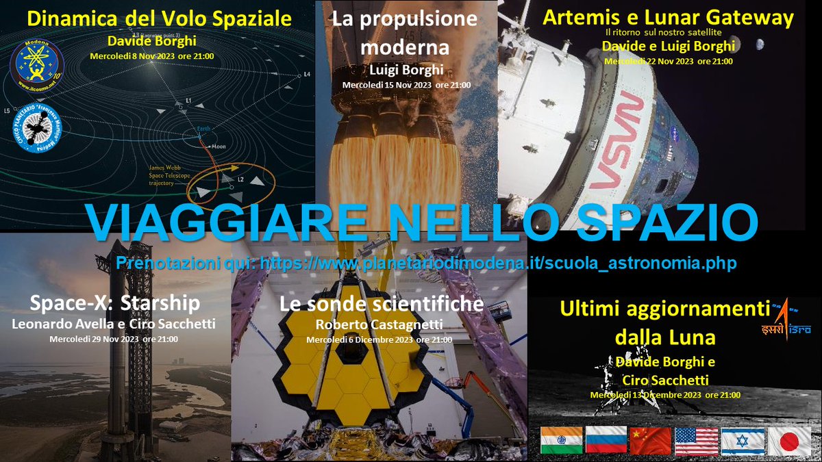 Mercoledi 9 Novembre alle 21:00 inizia il ciclo di 6 lezioni "Viaggiare nello Spazio", con l'associazione Il COSMo, parte della Scuola di Astronomia 2023-2024 del Planetario di Modena. 
Iscrizioni qua: planetariodimodena.it/scuola_astrono…