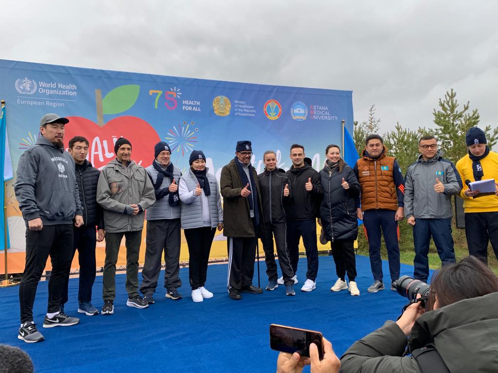 WHO_Europe's tweet photo. Physical activity has proven health benefits for all. 

Walking, jogging, running - prominent athletes, students &amp; teachers of @amu_kz, the city's health organizations, and representatives of the @minhealthKZ &amp; @WHO joined #Astana's annual tradition to promote healthy lifestyles. https://t.co/Tj08FRvmlu