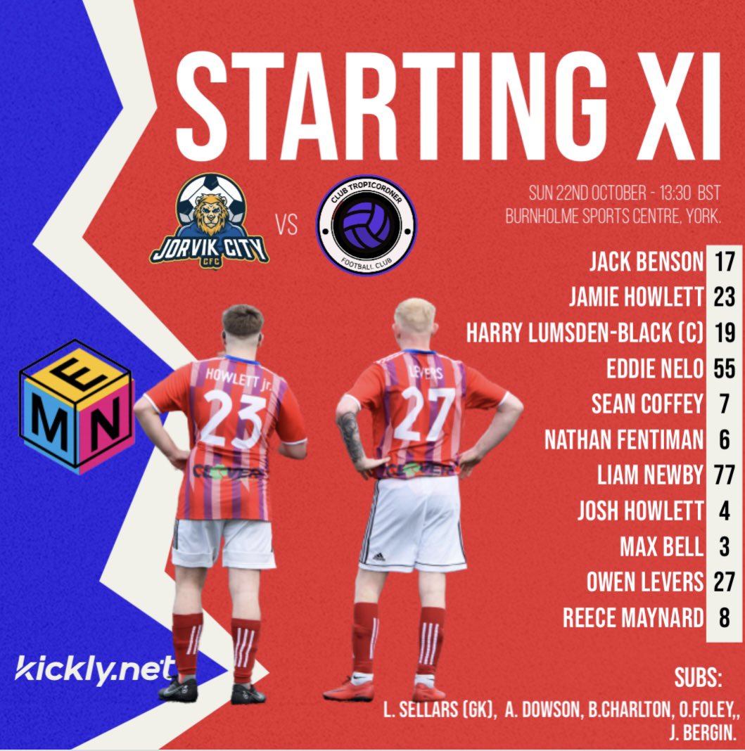 Jorvik City starting XI v ClubTropiCordner! 

🏟️ Burnholme sports centre 
🕰️ 13:30 Kick off