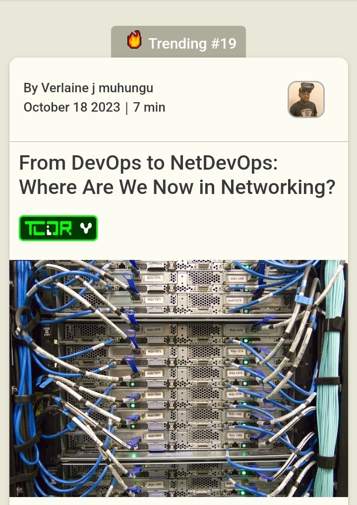 Verlaine_Devnet's tweet image. Unbelievable ๐คฉ my article is trending on @hackernoon.
Special thanks to @plavnikjv @LabCommand @thetechguy_it @Muauad3 @khadija9569 and all the readers world wide ๐
Keep sharing for more impact โบ๏ธ
To discover the article ๐๐ฝ hackernoon.com/from-devops-toโฆ
#DevOps #netdevops