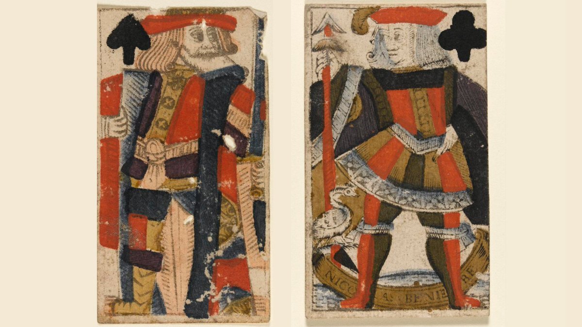 These wood-cut playing cards were found at Trinity College, Cambridge by Walter Morley Fletcher in the Summer of 1902 during repair work to a staircase. 

It is said that the cards were lost by workmen having a game of cards during the construction of the staircase around 1599!